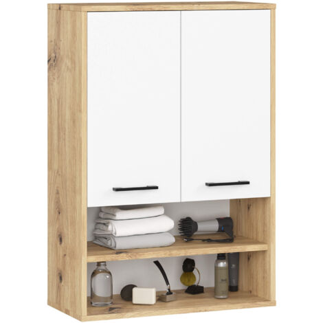 Armoire salle de bains suspendue AKORD FIN Chêne Artisan 64 cm 2 portes façade Blanche 4 étagères 64x30x94 cm (1/5)