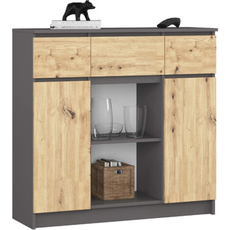 Commode AKORD K100 Gris Graphite 101 cm 2 portes 3 tiroirs façade Chêne Artisan 6 étagères 101x35x98 cm (1/5)