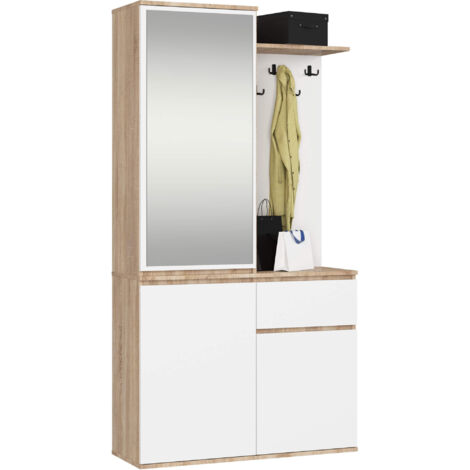 Akord – Ensemble de meubles d'entrée chêne sonoma blanc – Armoire et miroir 95 cm – 3 portes, 1 tiroir, 7 étagères – Dimensions 95x35x183 cm