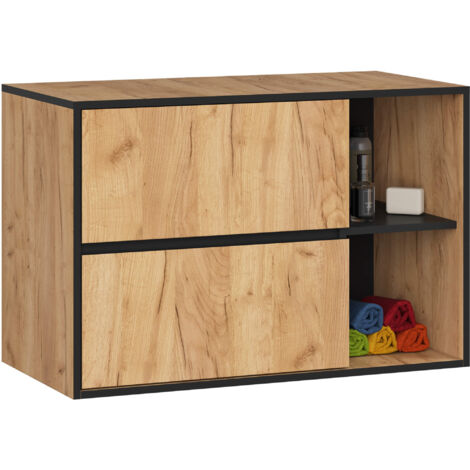 Meuble salle de bains VAMI suspendu sans vasque Chêne Craft et Noir 90 cm 2 tiroirs 2 étagères 90x45,5x60 cm (1/5)