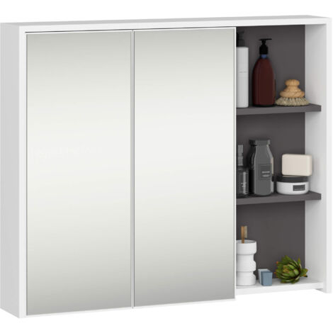 Armoire salle de bains VAMI suspendu avec miroir Blanc et Gris Graphite 90 cm 2 portes 6 étagères 90x15x75 cm (1/5)