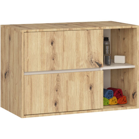 Meuble salle de bains VAMI suspendu sans vasque Chêne Artisan, Cachmire 90 cm 2 tiroirs 2 étagères 90x45,5x60 cm