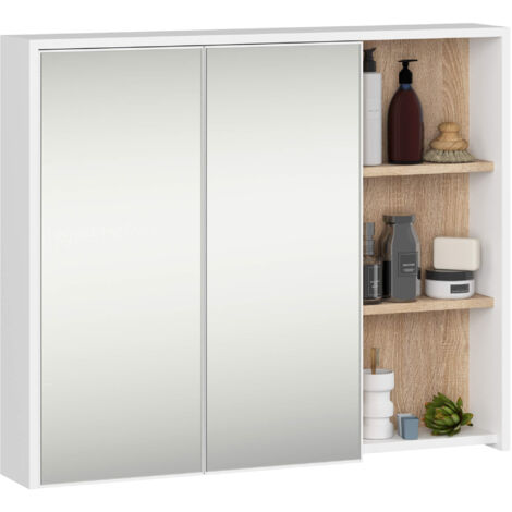 Armoire salle de bains VAMI suspendu avec miroir Blanc et Chêne Sonoma 90 cm 2 portes 6 étagères 90x15x75 cm (1/5)