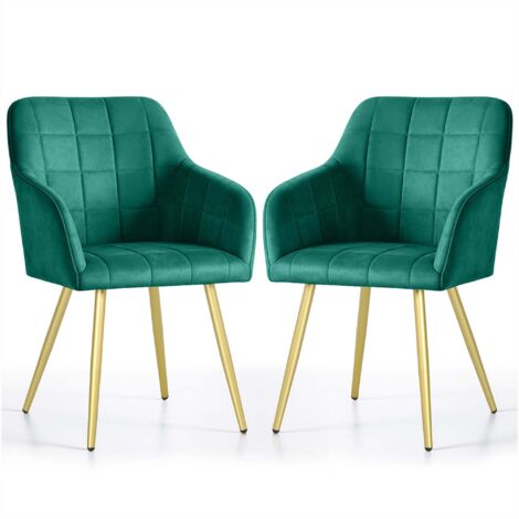 Lot de 2 Chaises rembourrées à surpiqûres carrées LUXANO Vert Bouteille pieds dorés (1/5)