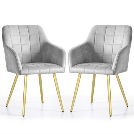Lot de 2 Chaises rembourrées à surpiqûres carrées LUXANO Gris pieds dorés (1/5)