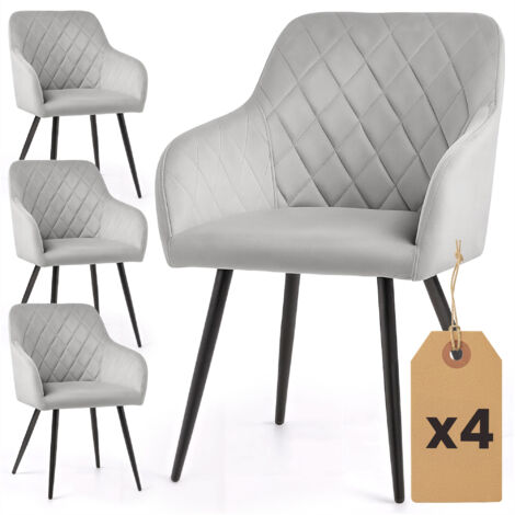 Lot de 4 Chaises en velours matelassées en losanges VELTO Gris pieds noirs (1/5)