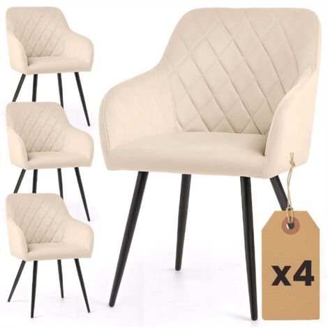 Lot de 4 Chaises en velours matelassées en losanges VELTO Beige pieds noirs (1/5)