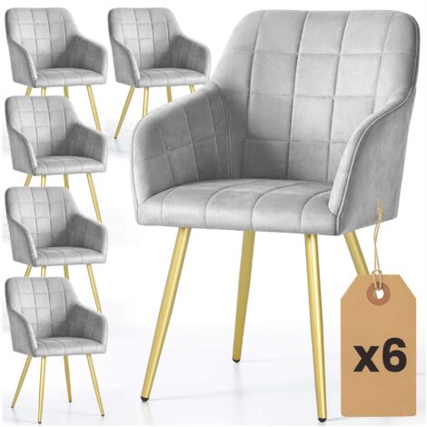Lot de 6 Chaises rembourrées à surpiqûres carrées LUXANO Gris pieds dorés (1/5)