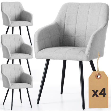 Lot de 4 Chaises rembourrées à surpiqûres carrées LUXANO Gris Clair pieds noirs tissu Lumos (1/5)