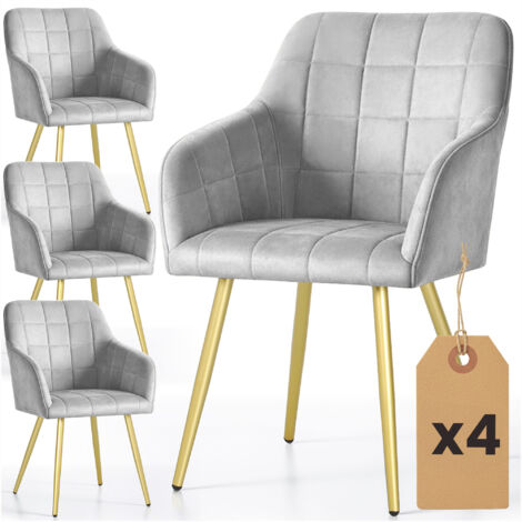 Lot de 4 Chaises rembourrées à surpiqûres carrées LUXANO Gris pieds dorés (1/5)