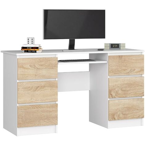 Bureau informatique chêne sonoma et blanc avec caisson de