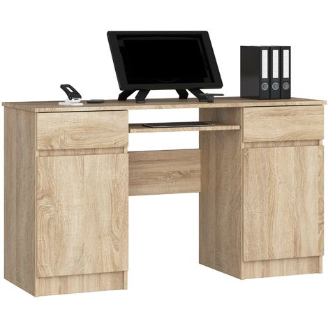 Bureau console extensible avec deux tiroirs, couleur chêne et