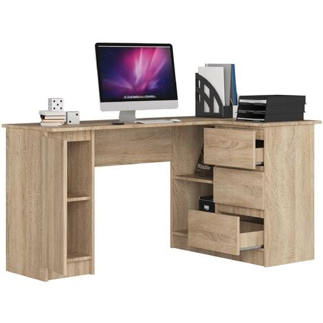 Grand bureau d'angle AKORD droit B20 Chêne Sonoma 155 cm 1 porte 3 tiroirs façade Chêne Sonoma 4 étagères 155x85x77 cm