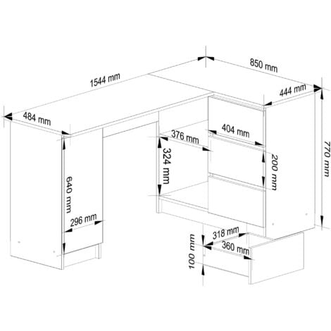 Grand bureau d'angle AKORD droit B20 Chêne Sonoma 155 cm 1 porte 3 tiroirs façade Chêne Sonoma 4 étagères 155x85x77 cm
