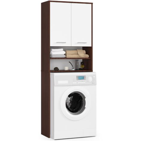 Meuble machine à laver wengé 64 cm – 2 portes blanches – 4 étagères – Hauteur 180 cm – Profondeur 30 cm – Armoire sur pied – Abamihome