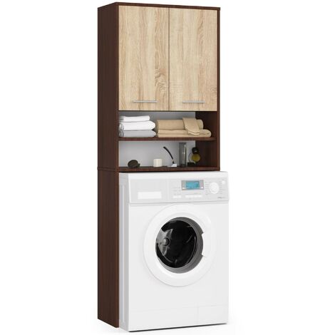 Meuble machine à laver 64 cm – 2 portes en chêne sonoma – 4 étagères – Panneau stratifié – Hauteur 180 cm – Profondeur 30 cm – Abamihome