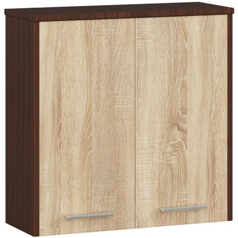 Armoire murale de salle de bain 60 cm – 2 portes battantes – Corps wengé – Façade chêne sonoma – 2 étagères 60x22,5 cm – Abamihome (1/5)