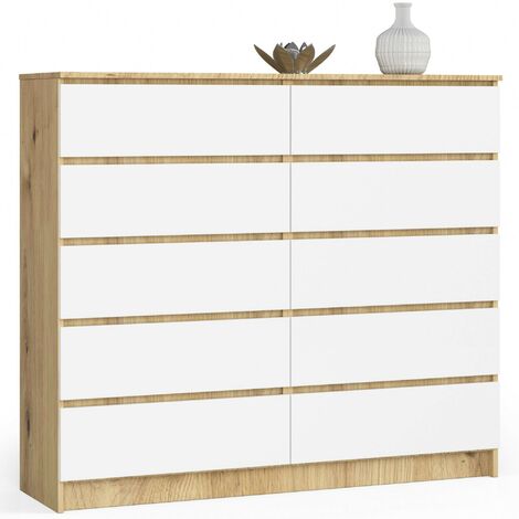 Commode AKORD K140 Chêne Artisan 138 cm 10 tiroirs façade Blanche 138x40x121 cm (1/4)