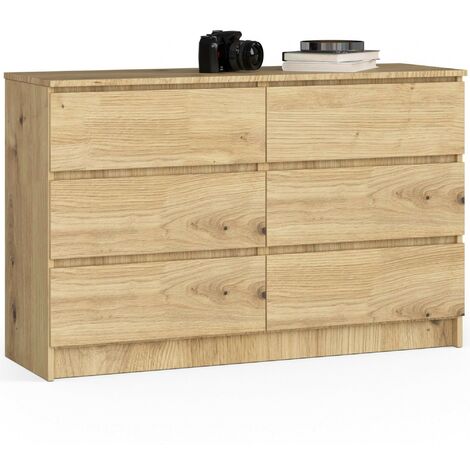 Akord – Commode 120 cm 6 tiroirs – Panneau stratifié chêne artisan – Dimensions 120x40x77 cm – Limiteur d'extension de tiroir
