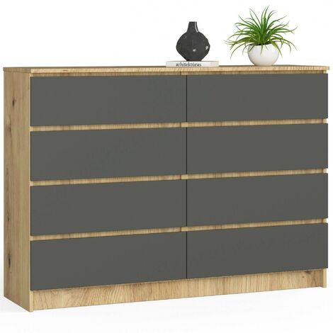 Commode AKORD K140 Chêne Artisan 138 cm 8 tiroirs façade Gris Graphite 138x40x99 cm (1/4)