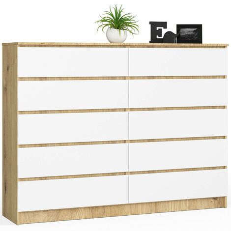 Akord – Commode 160 cm avec 10 tiroirs – Façade blanche et corps chêne artisan – Dimensions 160x40x121 cm – Limiteur d'extension de tiroir