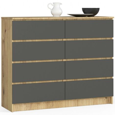 Akord – Commode 120 cm 8 tiroirs – Panneau stratifié – Façade gris mat – Corps chêne artisanal – Dimensions 120x40x99 cm