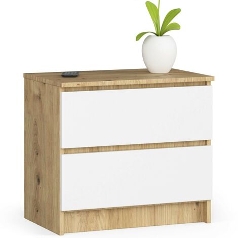 Akord – Table de chevet 2 tiroirs en chêne artisan – Façade blanche – Dimensions 60x40x55 cm – Construction stable et résistante aux rayures (1/5)