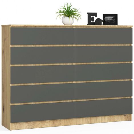Grande Commode pour le salon AKORD K160 Chêne Artisan 160 cm 10 tiroirs façade Gris Graphite 160x40x121 cm (1/5)
