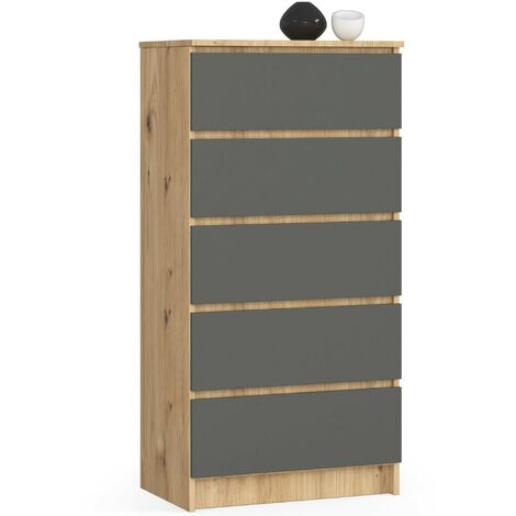 Commode AKORD K60 Chêne Artisan 60 cm 5 tiroirs façade Gris Graphite 60x40x121 cm