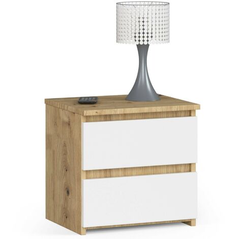 Table de chevet AKORD CL2 Chêne Artisan 40 cm 2 tiroirs façade Blanche 40x35x40 cm