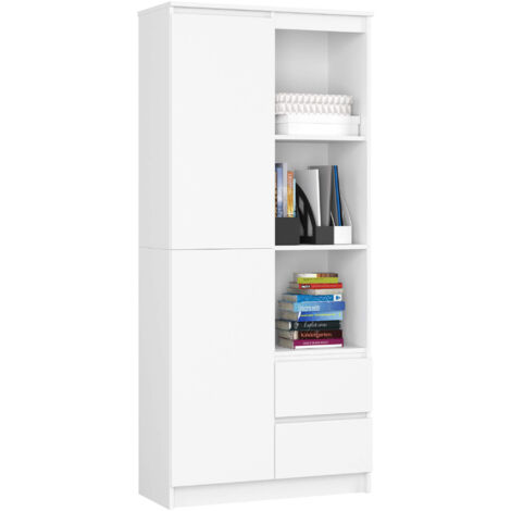 Akord – Bibliothèque de bureau 80 cm – 1 porte – 2 tiroirs – 7 étagères – Panneau stratifié blanc mat – Dimensions 80x35x180 cm (1/5)