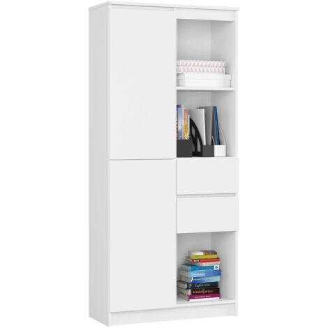 Akord – Bibliothèque enfant 80 cm – 1 porte, 2 tiroirs, 7 étagères – Panneau stratifié blanc mat – Dimensions 80x35x180 cm (1/5)