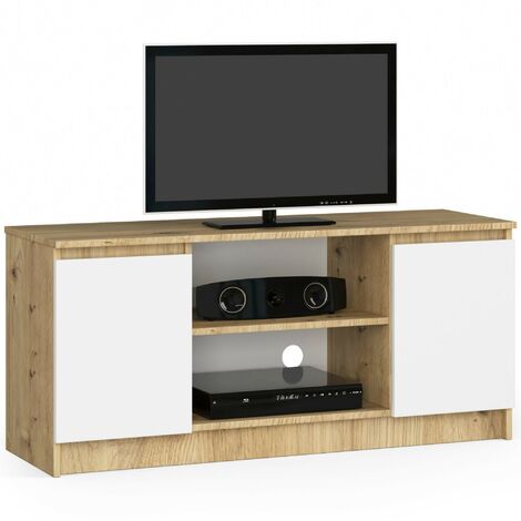Meuble TV pour salon AKORD Chêne Artisan 120 cm 2 portes façade Blanche 2 étagères 120x40x55 cm