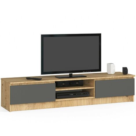Akord – Meuble TV 160 cm – 2 portes battantes – 2 étagères ouvertes – Panneau stratifié – Chêne artisanal et gris – Pour salon moderne