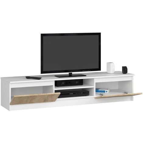 Meuble TV pour salon AKORD Blanc 160 cm 2 portes façade Chêne Sonoma 2 étagères 160x40x33 cm