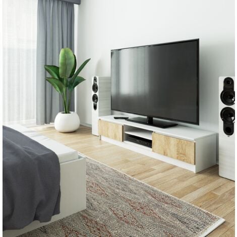 Meuble TV pour salon AKORD Blanc 160 cm 2 portes façade Chêne Sonoma 2 étagères 160x40x33 cm