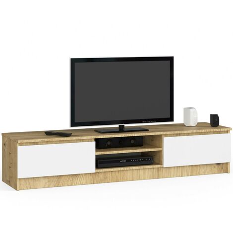Akord – Meuble TV 160 cm – Chêne artisan et blanc – 2 portes battantes – 2 étagères ouvertes – Dimensions 160x40x33 cm