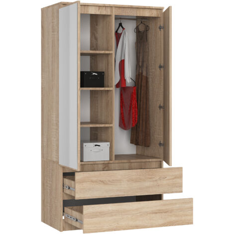 Armoire AKORD S90 avec miroir Chêne Sonoma 90 cm 2 portes 2 tiroirs façade Chêne Sonoma 4 étagères 90x51x180 cm
