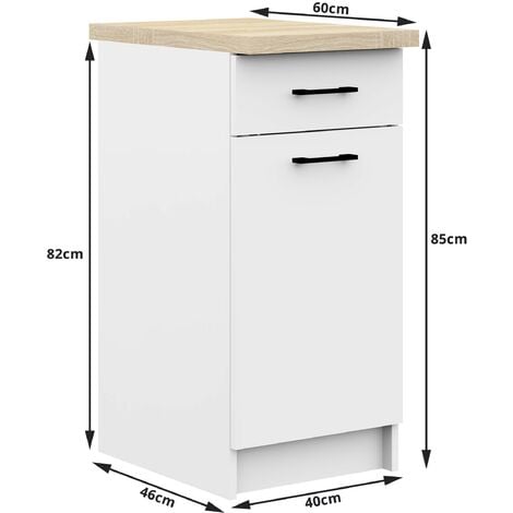 Armoires de cuisine basse AKORD S40 OLIWIA Blanc 40 cm 1 porte 1 tiroir façade Blanche 2 étagères 40x46x85 cm