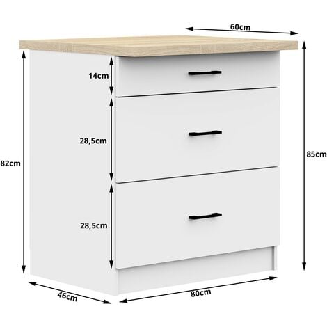 Armoires de cuisine basse AKORD S80 OLIWIA Blanc 80 cm 3 tiroirs façade Blanche 80x46x85 cm