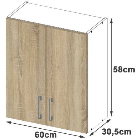 Armoire de cuisine AKORD W60, accr. au mur, LIMA modulable Blanc 60 cm 2 portes façade Chêne Sonoma 2 étagères 60x30,5x58 cm