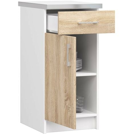 Meuble de cuisine bas AKORD S40 LIMA modulable Blanc 40 cm 1 porte 1 tiroir façade Chêne Sonoma 2 étagères 40x44,5x82 cm