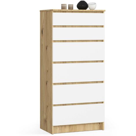 Akord – Commode 6 tiroirs chêne artisan 60 cm – Façade blanche – Dimensions 60x40x130 cm – Limiteur d'extension de tiroir (1/5)
