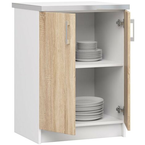 Meuble de cuisine bas AKORD S60 LIMA modulable Blanc 60 cm 2 portes façade Chêne Sonoma 2 étagères 60x44,5x82 cm