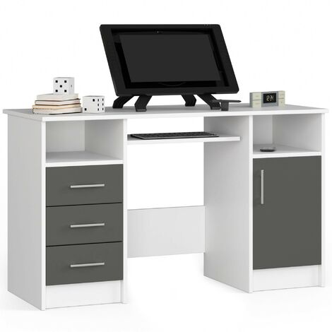 Bureau d'ordinateur AKORD ANA Blanc 124 cm 1 porte 3 tiroirs façade Gris Graphite 5 étagères 124x52x74 cm (1/5)