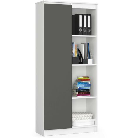 Bibliothèque de bureau AKORD R80 Blanche 80 cm 1 porte façade Gris Graphite mat 8 étagères 80x35x180 cm (1/4)