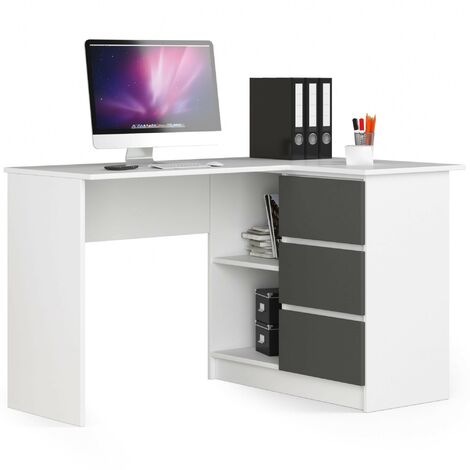 Akord – Bureau d'angle 124 cm – 3 tiroirs – 2 étagères – Panneau stratifié blanc et gris graphite – Dimensions 124x85x77 cm