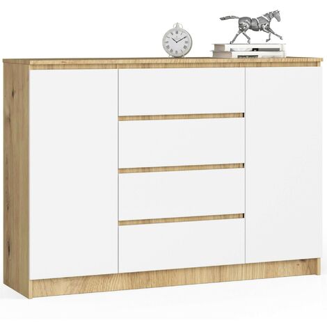 Commode AKORD K140 Chêne Artisan 138 cm 2 portes 4 tiroirs façade Blanche 4 étagères 138x40x99 cm