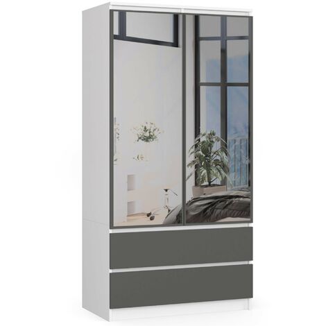 Akord – Armoire 90 cm avec miroir – 2 portes battantes – 2 tiroirs – 4 étagères – Panneau stratifié blanc et gris – Dimensions 90x51x180 cm