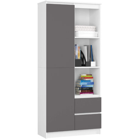 Bibliothèque de bureau AKORD R11 Blanche 80 cm 1 porte 2 tiroirs façade Gris Graphite mat 7 étagères 80x35x180 cm (1/5)